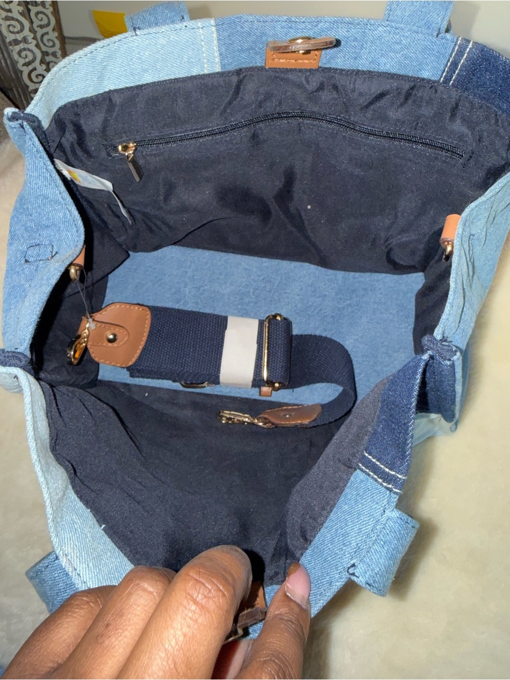 C&C California Blue Denim Patchwork Tote with Leather Logo - Picture 4 of 8